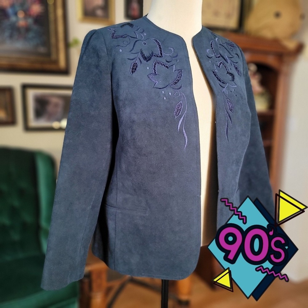 Faux Suede Blazer Vintage 90s Blue Embroidered Unique‎ Boho Chic Womens Medium